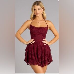 Women’s Burgundy Lace Halter Tiered Dress XS BNWT